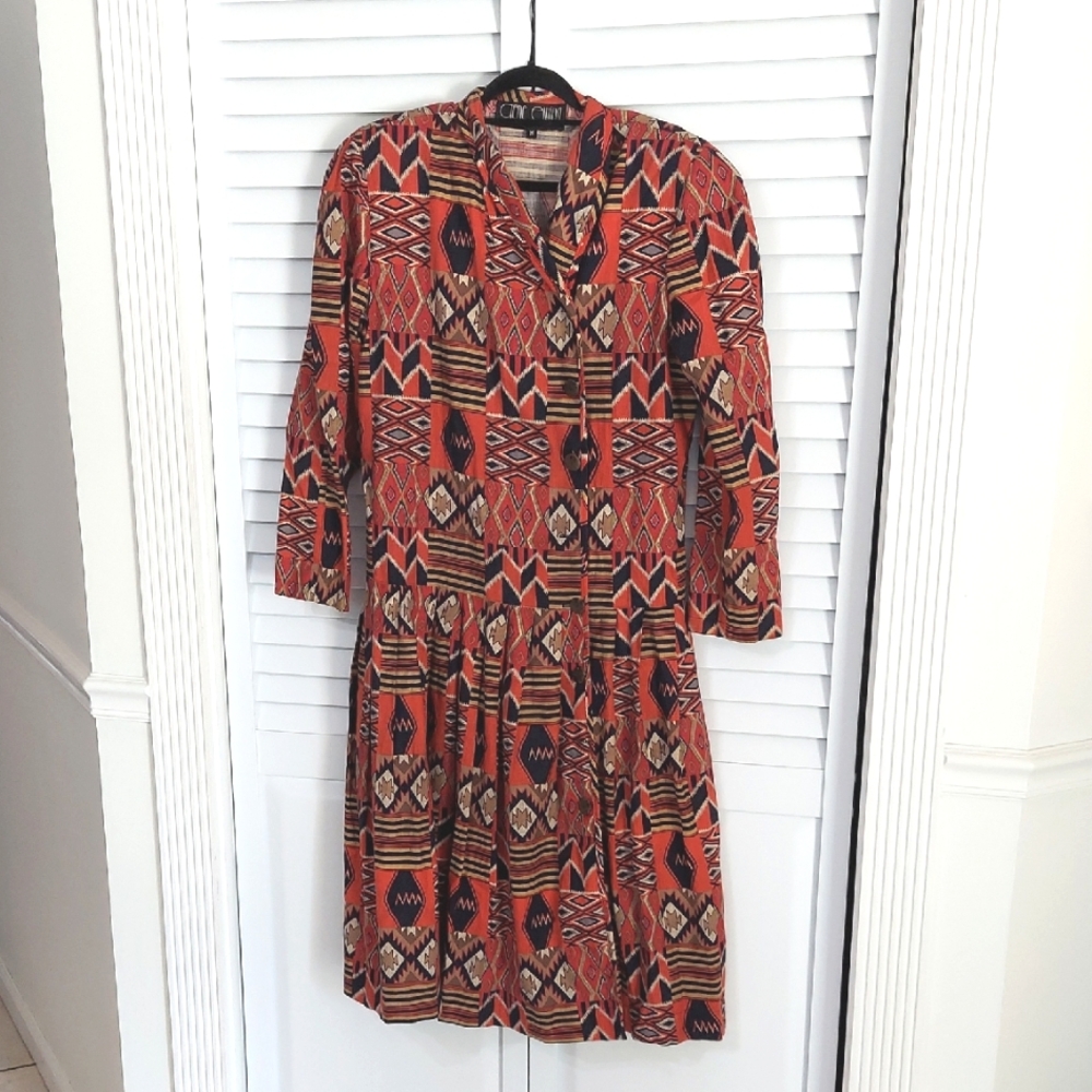 Gene‎ Ewing Dress, Aztec SW, Red, Brown, Vintage 1980s
